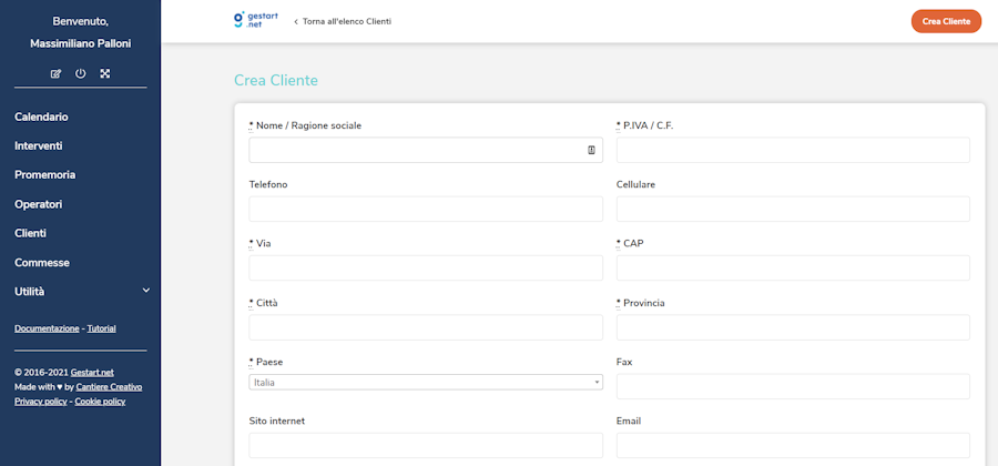 Interfaccia di generazione cliente su Gestart