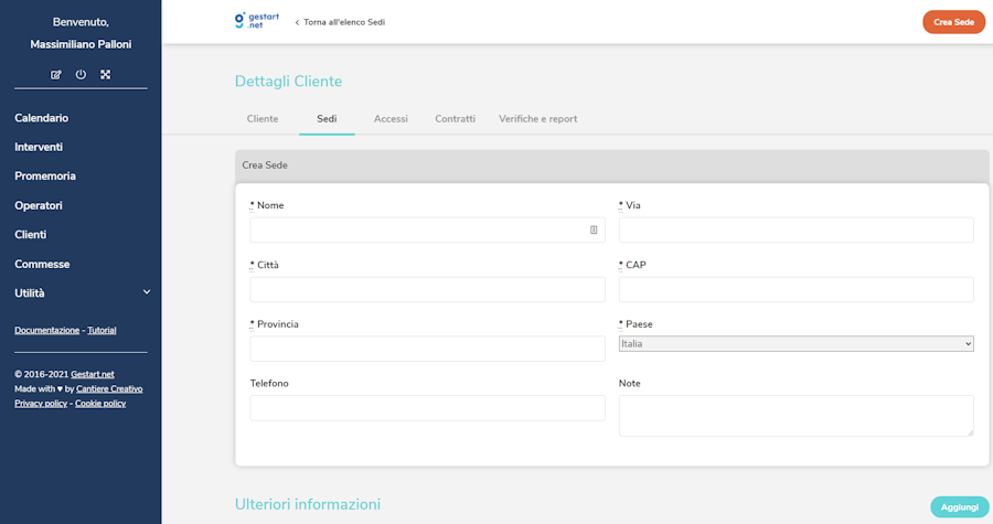 La pagina di gestione delle sedi dei clienti su Gestart