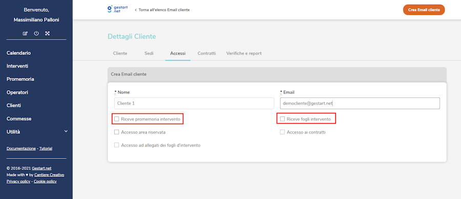 Pagina di gestione notifiche clienti su Gestart