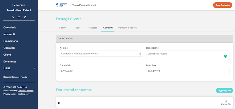 Pagina di gestione dei contratti del cliente su Gestart