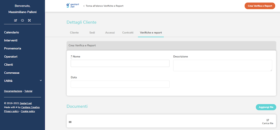 Pagina di gestione delle verifiche e report per il cliente su Gestart