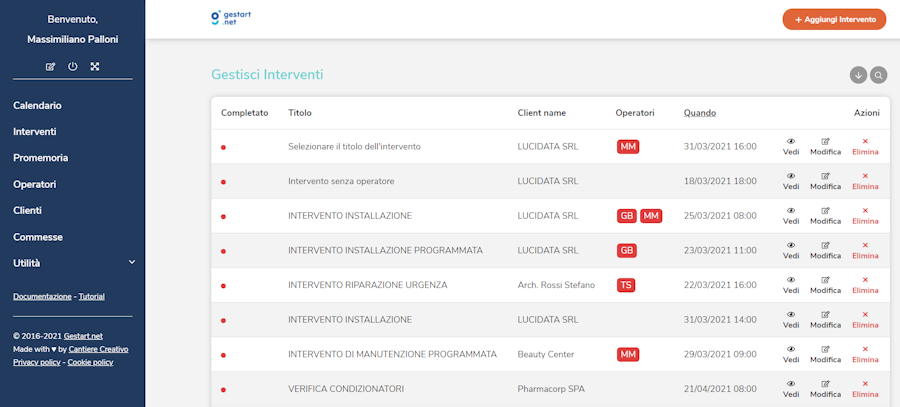 Pagina di gestione interventi su Gestart