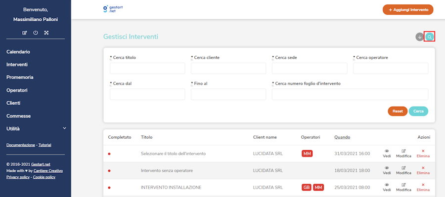 Pulsante di ricerca interventi su Gestart