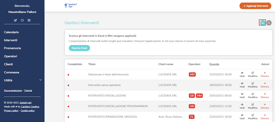 Pulsante di esportazione degli interventi su Gestart