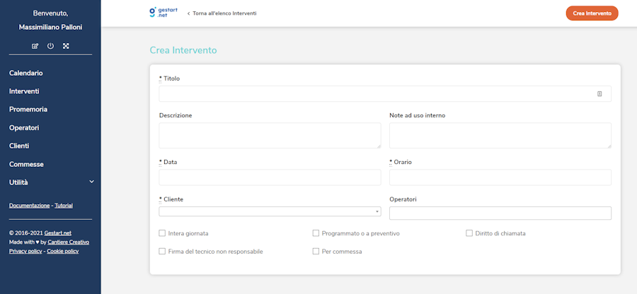 Pannello di modifica di un intervento su Gestart