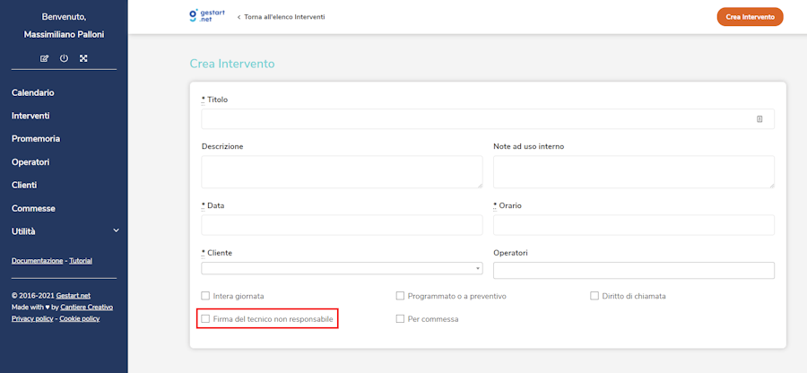 Voce da spuntare sull'intervento per la firma del tecnico su Gestart