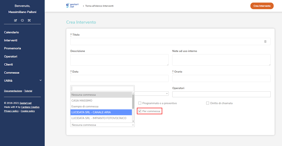 Voce del pannello interventi in cui associare un intervento a una commessa su Gestart