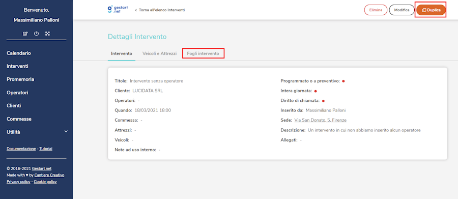 Pannello dettagli intervento su Gestart