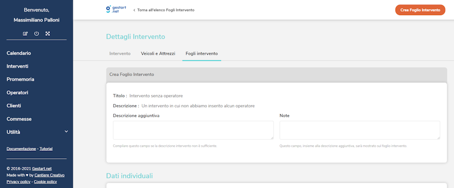Creazione di un foglio intervento su Gestart