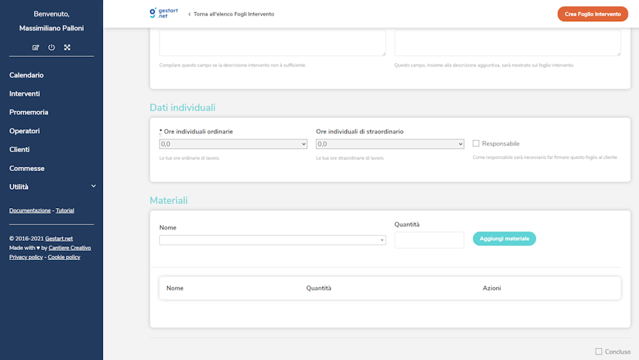 Ore presenti nel foglio di intervento su Gestart