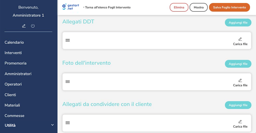 Pagina di condivisione degli allegati sul foglio di intervento di Gestart
