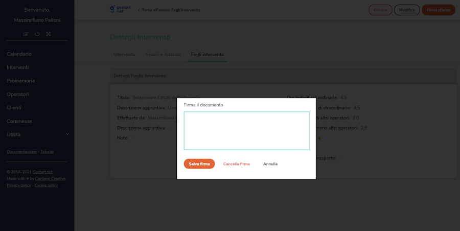 Modale per la firma del foglio d'intervento su Gestart
