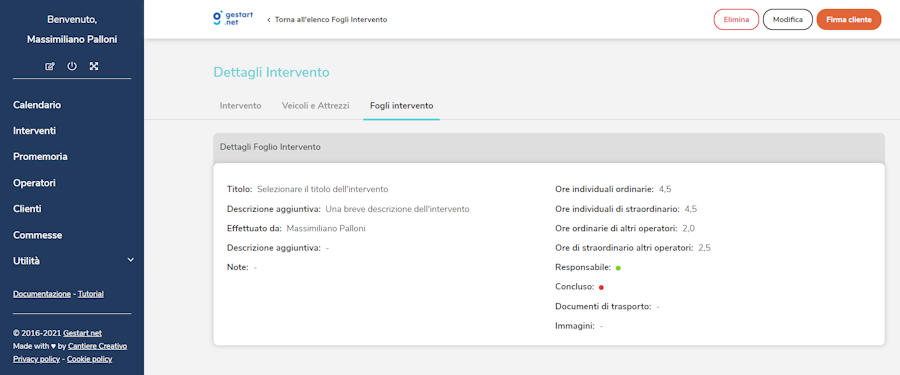 Pagina di firma del foglio di intervento