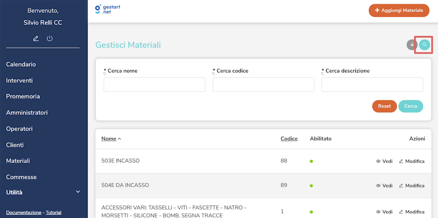 Pagina di anagrafica dei materiali su Gestart