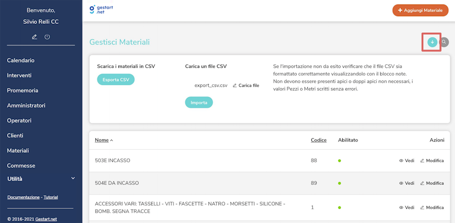 Sezione in cui importare ed esportare la lista dei materiali su Gestart