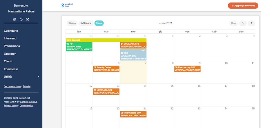 Schermata deò calendario degli interventi su Gestart