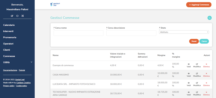 Pagina della contabilità di commessa su Gestart