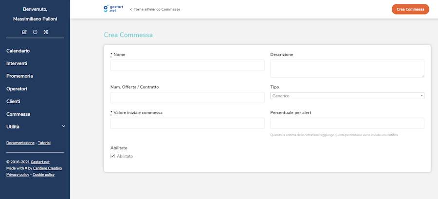 Pagina di creazione della commessa su Gestart