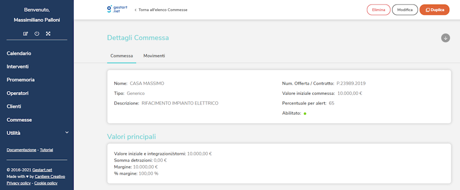 Pagina di gestione della commessa su Gestart