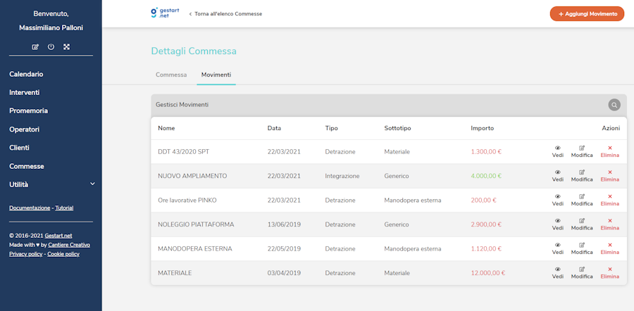 Gestione dei movimenti della commessa su Gestart