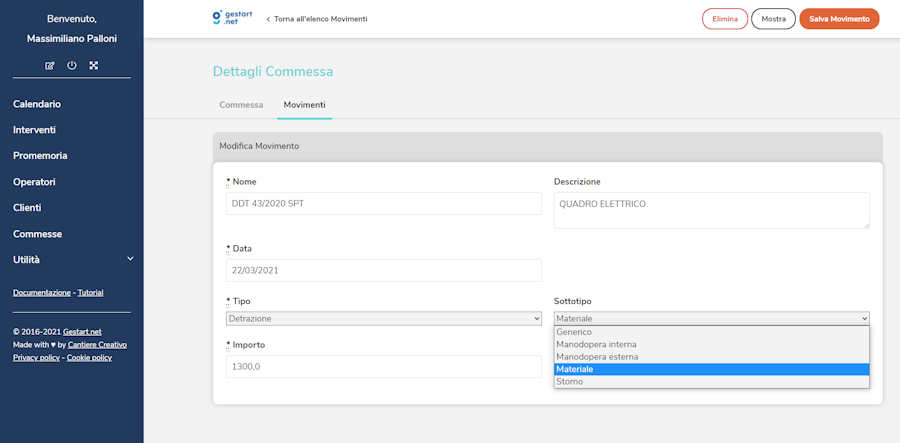 Gestione di specifici sottotipi di movimenti nella commessa su Gestart