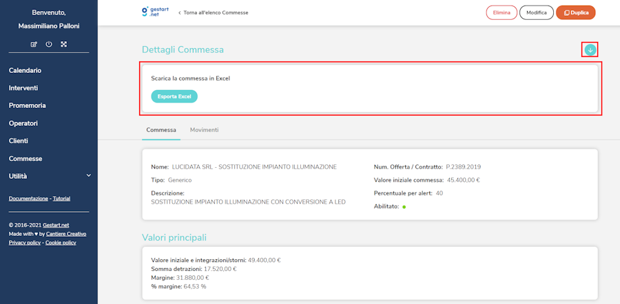 Il bottone con la freccia verso il basso nella pagina dei dettagli commessa permette di scaricare il file excel con i dettagli dei movimenti