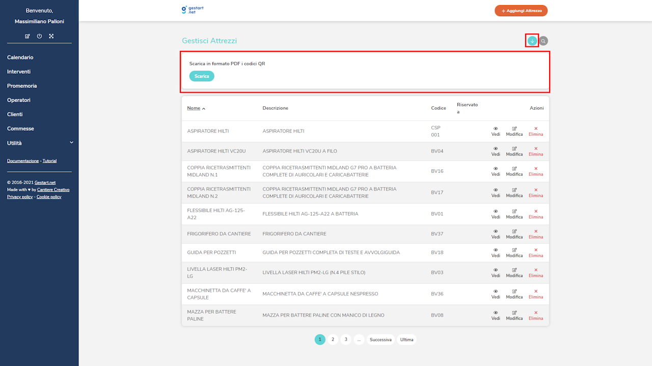 La schermata di Gestart.net che permette di generare i QR Code degli attrezzi e dei mezzi per il carico e lo scarico