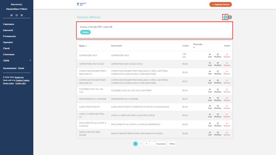 La schermata di Gestart.net che permette di generare i QR Code degli attrezzi e dei mezzi per il carico e lo scarico