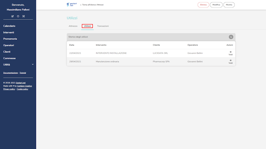 Tab utilizzo attrezzi La tab nei dettagli dell'attrezzo che mostra chi lo ha utilizzato e per quale intervento.
