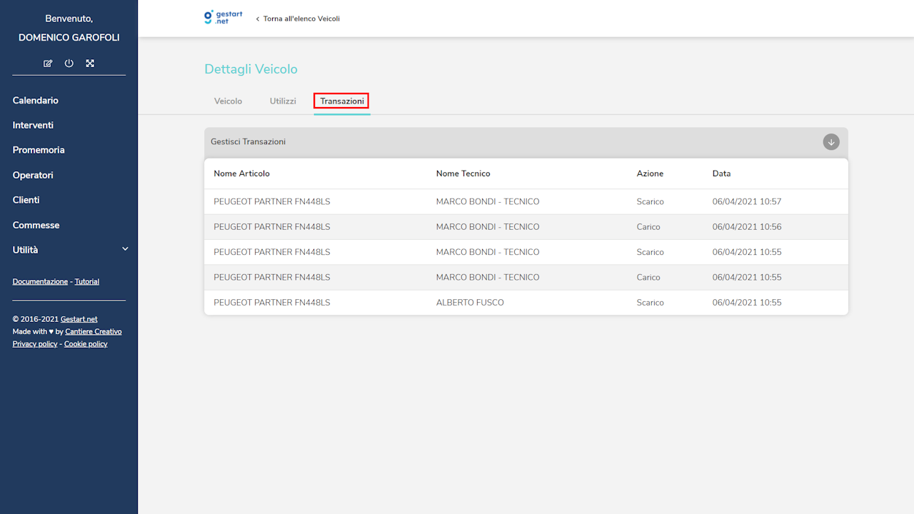 La lista di tutte le transazioni, con carico e scarico, data e orario.