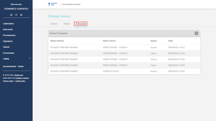La lista di tutte le transazioni, con carico e scarico, data e orario.