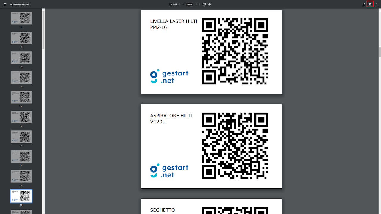 Una lista di QR Code stampabili per l'attrezzatura creata su Gestart