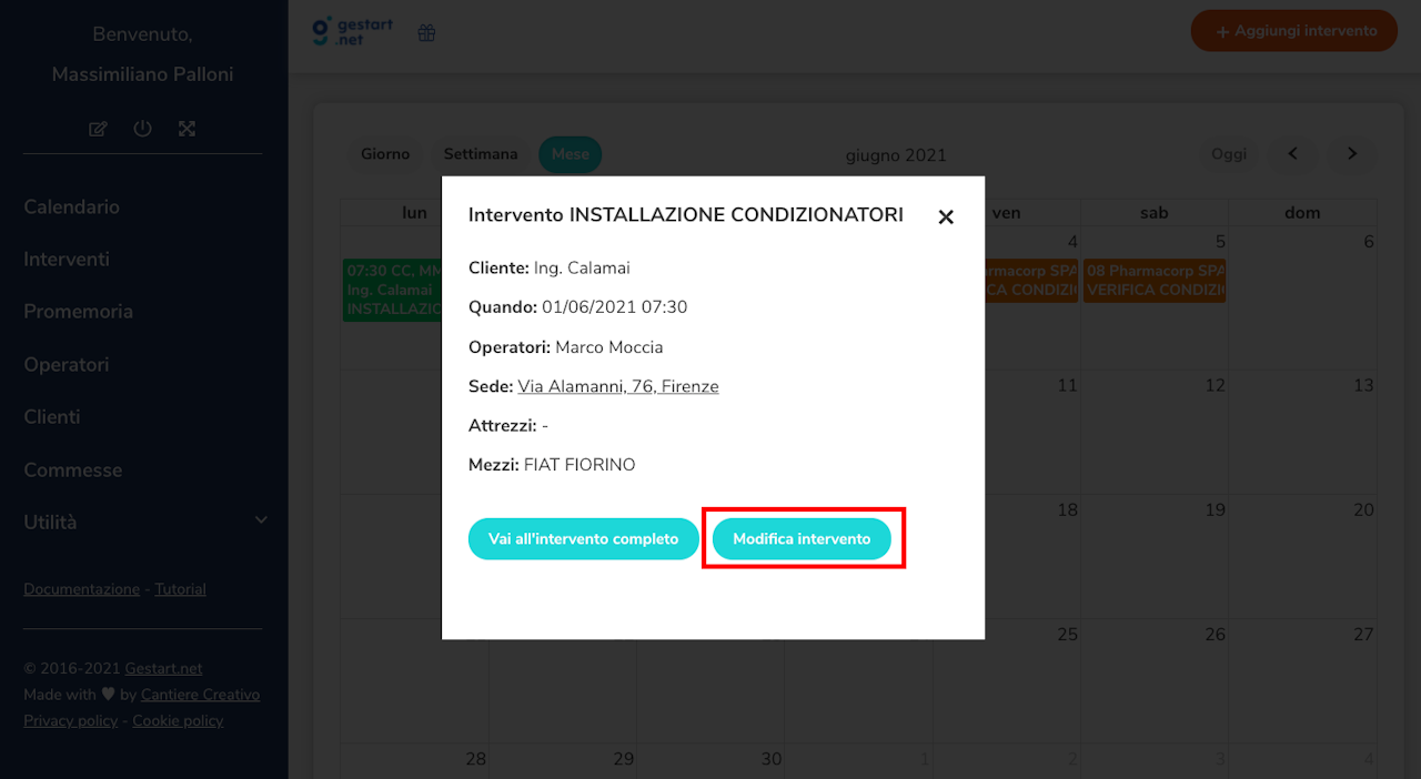 Schermata di gestart in cui si mostra l'anteprima dell'intervento, con il tasto "Modifica intervento" selezionabile.