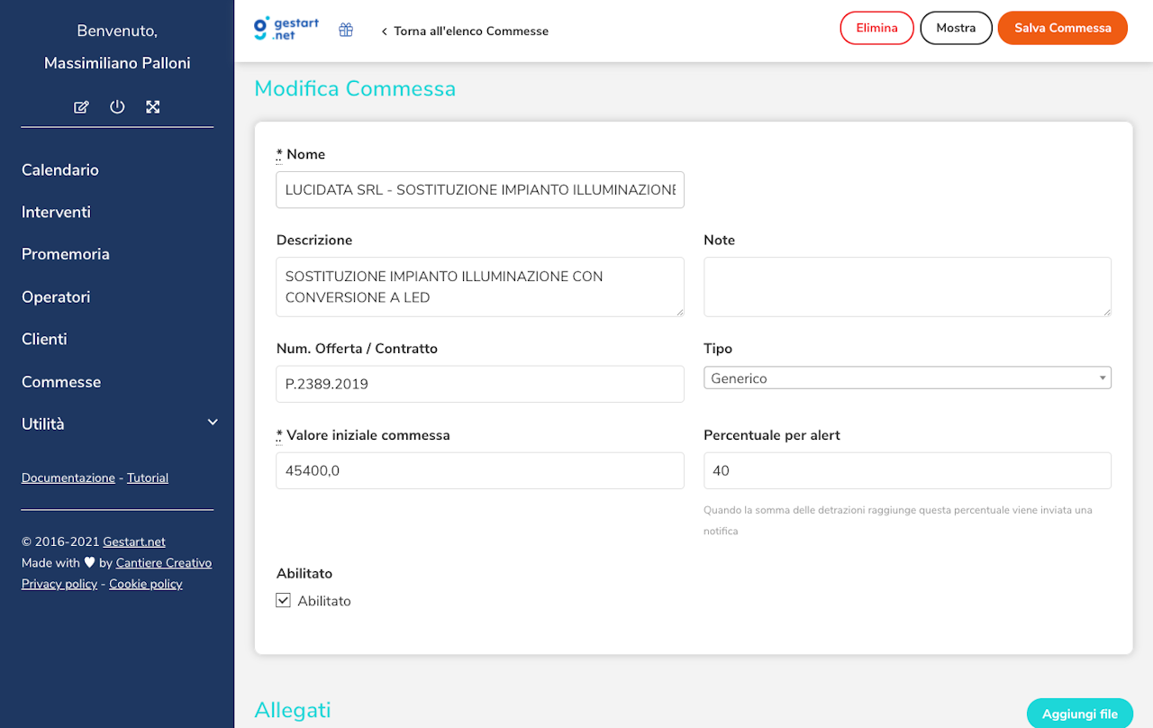 La schermata di Gestart con i campi modificabili per le commesse.