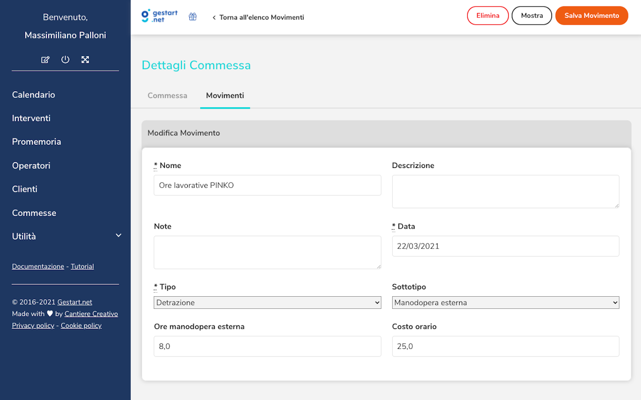 La schermata di Gestart con il nuovo campo "note" presente anche nei movimenti singoli di Commessa.