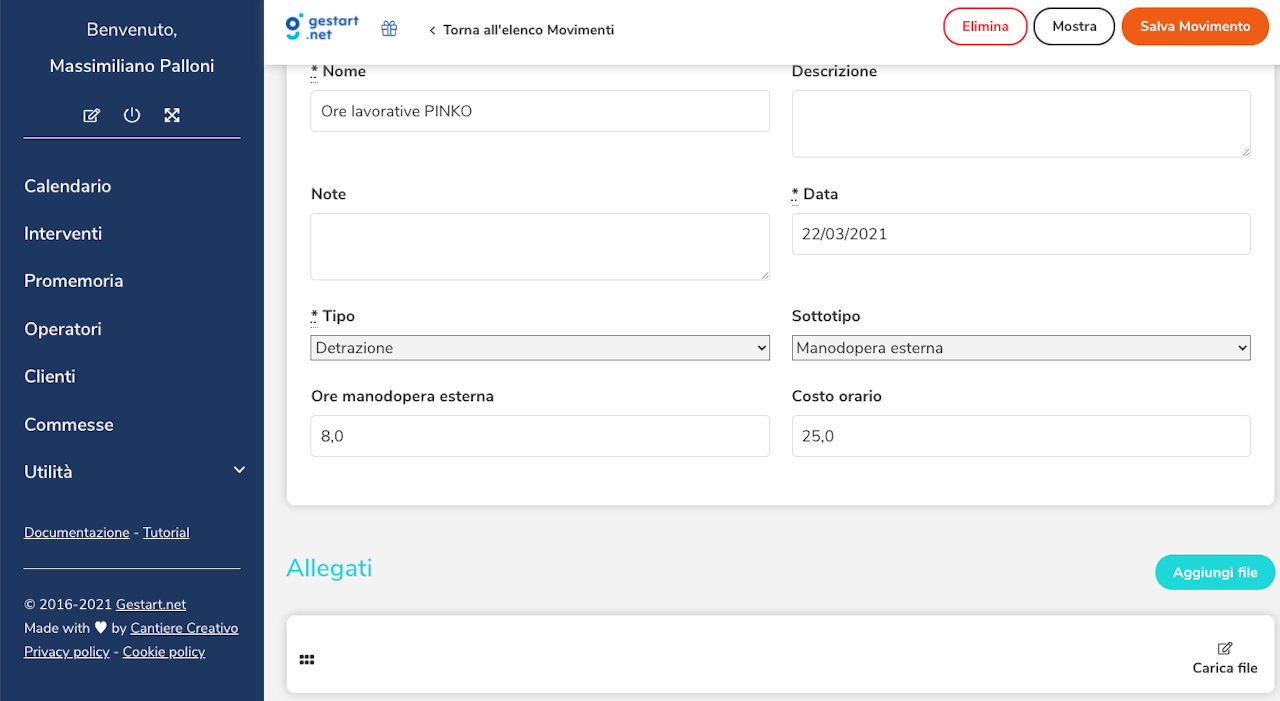 Schermata di Gestart dei movimenti di commessa in cui è possibile allegare documenti aggiuntivi.