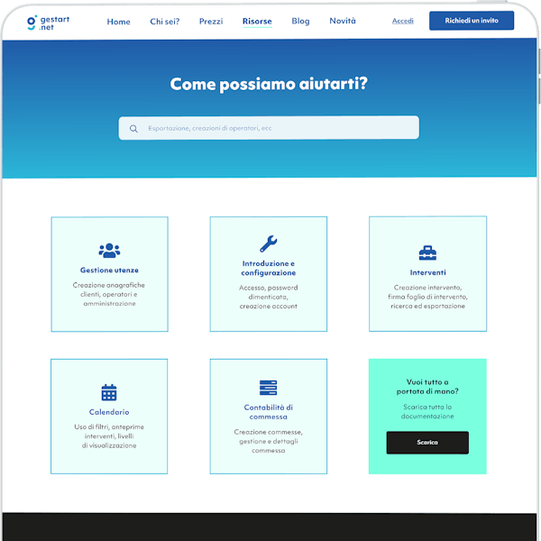 mockup di ipad che mostra l'area risorse del sito gestart.net