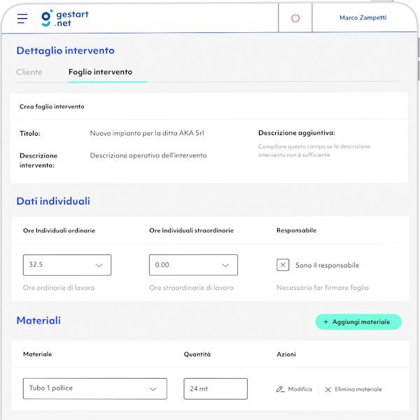mockup di ipad che mostra il dettaglio del foglio intervento con la possibilità di inserire ore individuali ordinarie e straordinarie