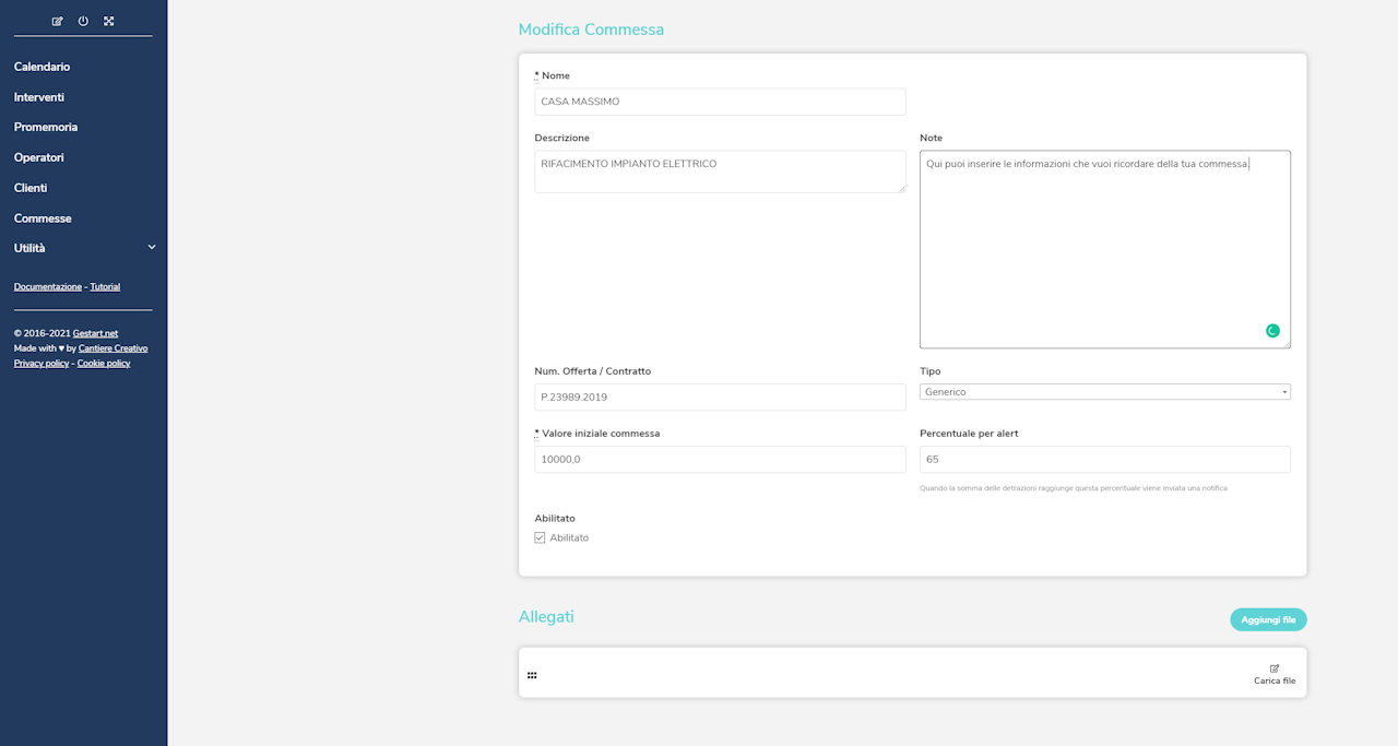 Le commesse offrono uno spazio per le note in cui inserire tutte le informazioni aggiuntive oppure il diario quotidiano di commessa.