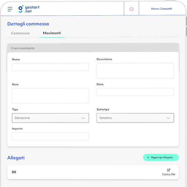 Mockup tablet di come appare la schermata movimenti all'interno del dettaglio di una commessa