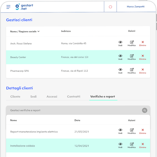 mockup di ipad che mostra l'elenco dei clienti all'interno dell'app gestart