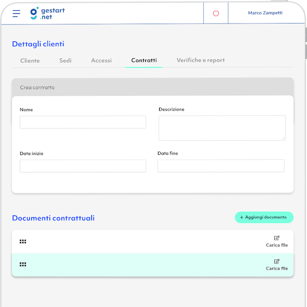 mockup di ipad che mostra l'interfaccia di aggiunta contratto e upload documenti contrattuali