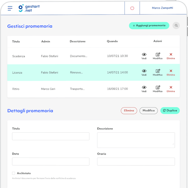 mockup di ipad che mostra la pagina di gestione dei promemoria
