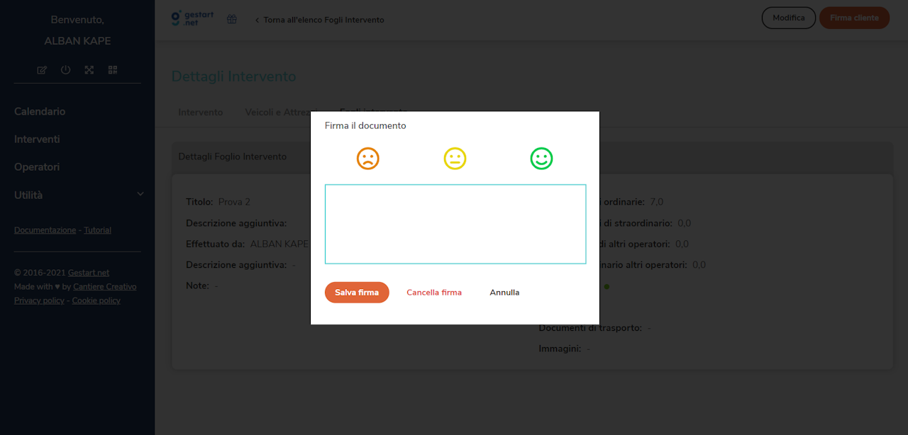 Grado di soddisfazione dei clienti presentato alla firma degli interventi direttamente sul gestionale in cloud.