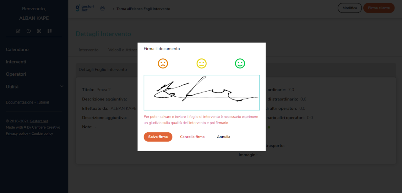 La firma del cliente non basta per salvarla nell'intervento e serve prima cliccare uno degli emoticon in alto nella finestra.