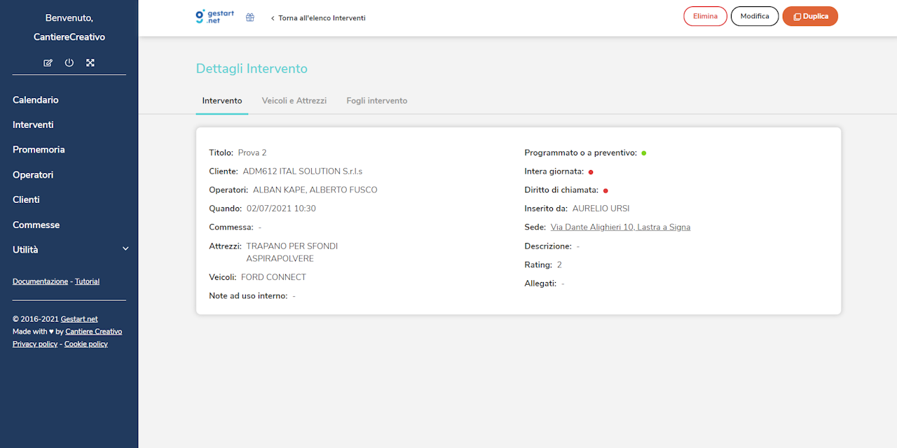 Nella schermata dei dettagli dell'intervento è possibile leggere il rating mostrato in una scala che va da 1 a 3.