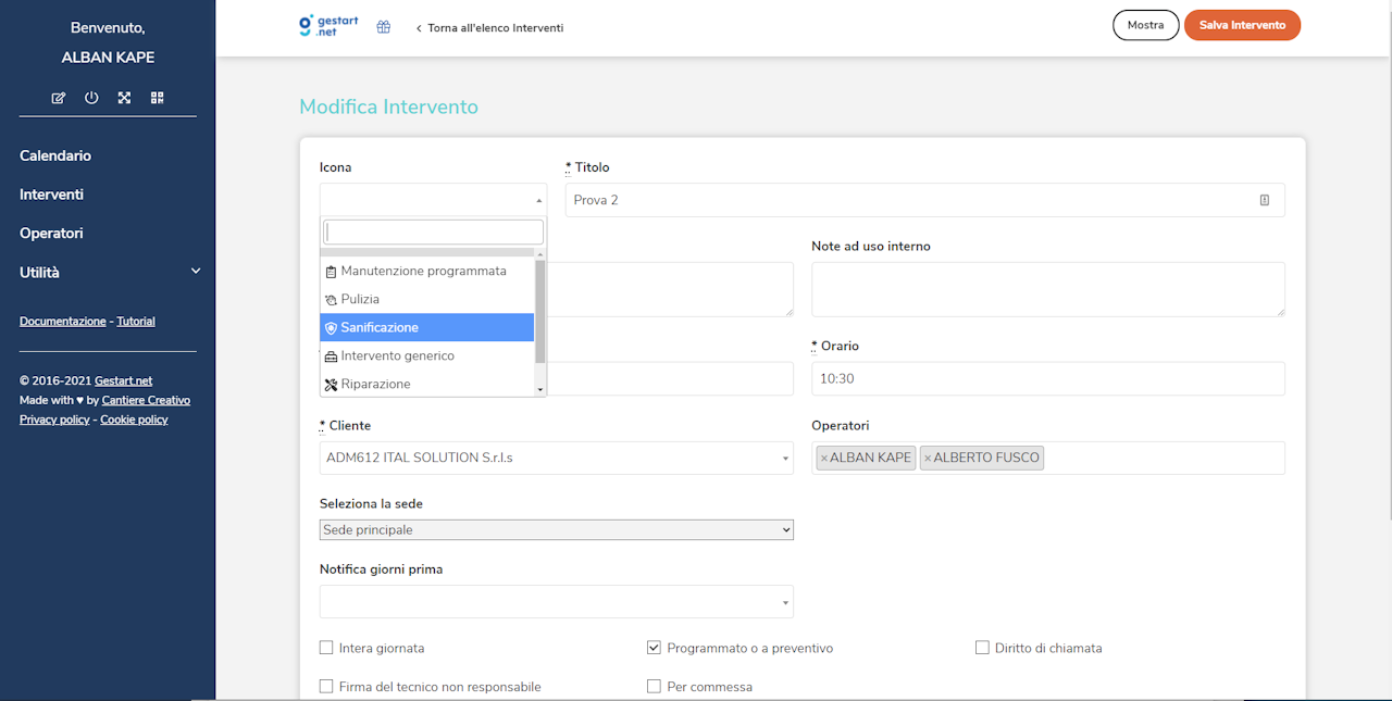 Un selettore offre la possibilità di impostare un'icona specifica per intervento da una breve lista delle attività più comuni.