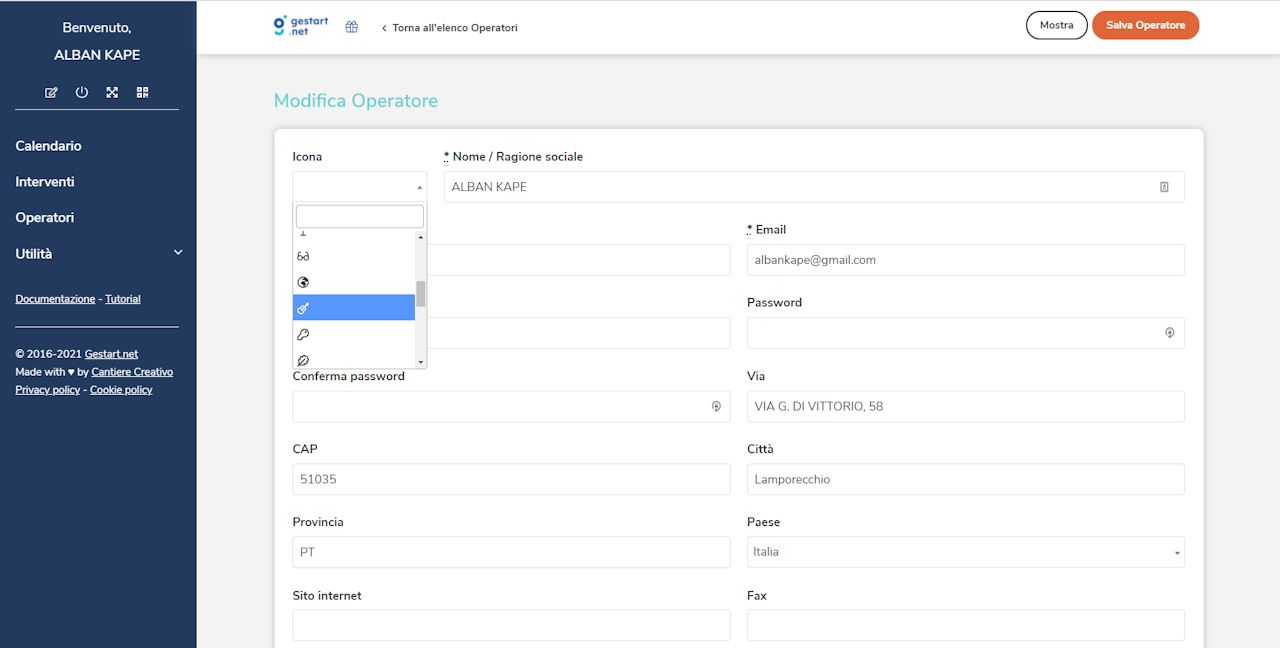 Dalla pagina "Modifica Operatore" si può selezionare un'icona che rappresenti l'operatore nel calendario.