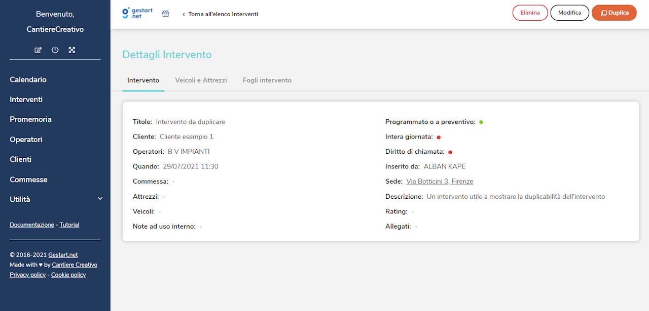 Il tasto in alto a destra di colore arancione permette di duplicare un intervento con pochi click.