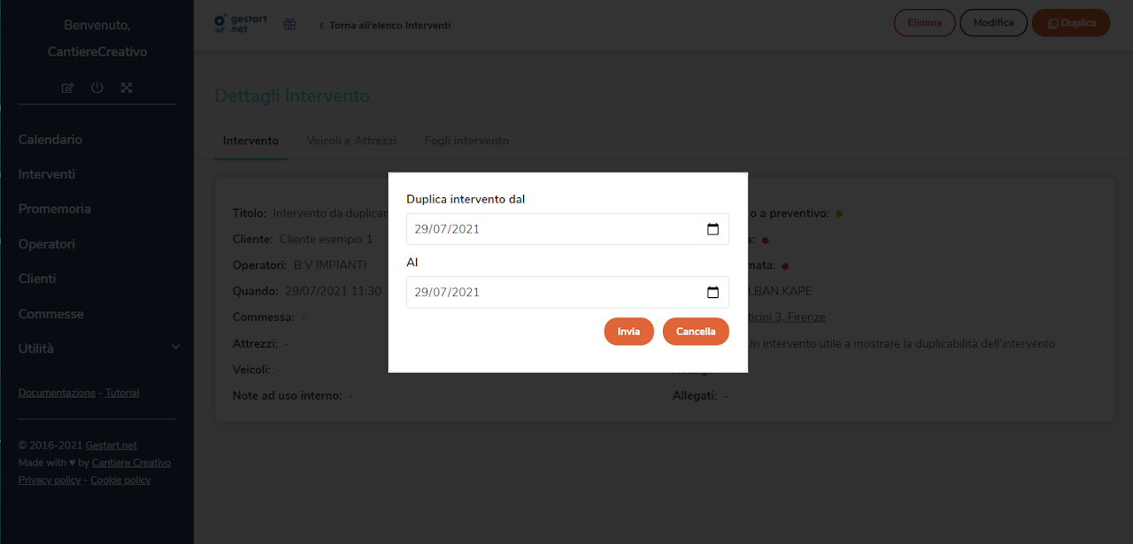 Schermata che permette di decidere la data di inizio e di fine di un intervento duplicato